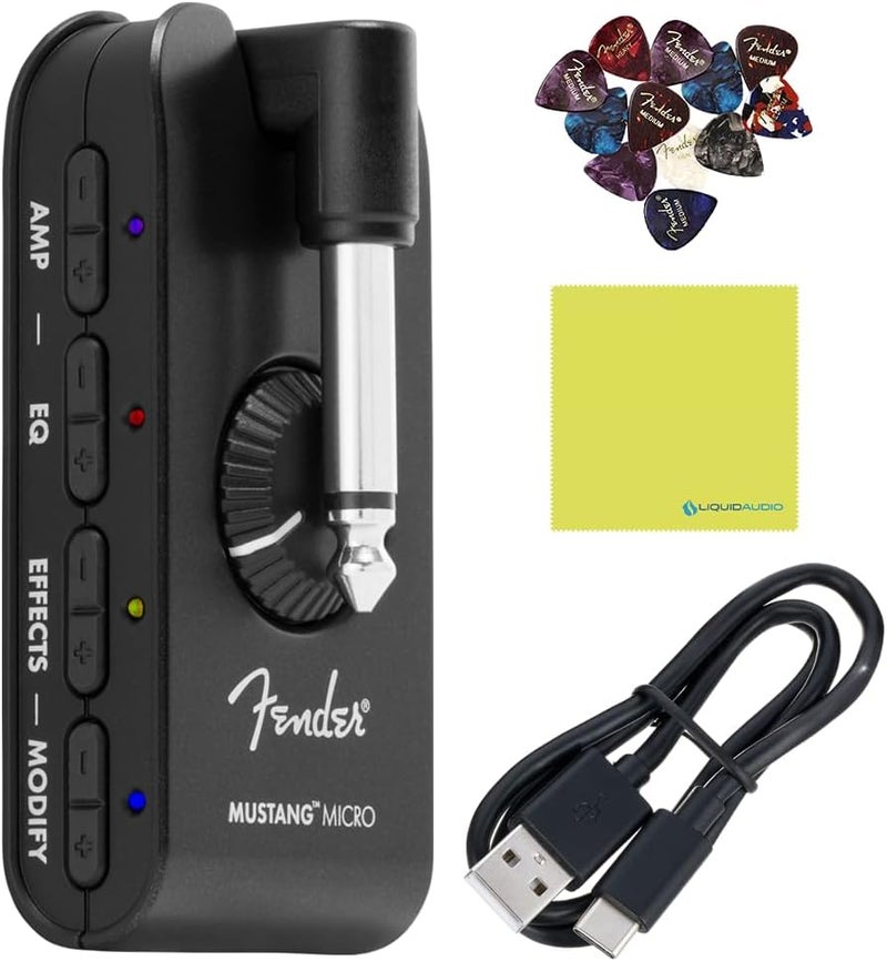 Liquid Audio Fender Mustang Micro Personal Headphone Guitar Amplifier Bundle w/Fender Picks and Polishing Cloth - Image 1